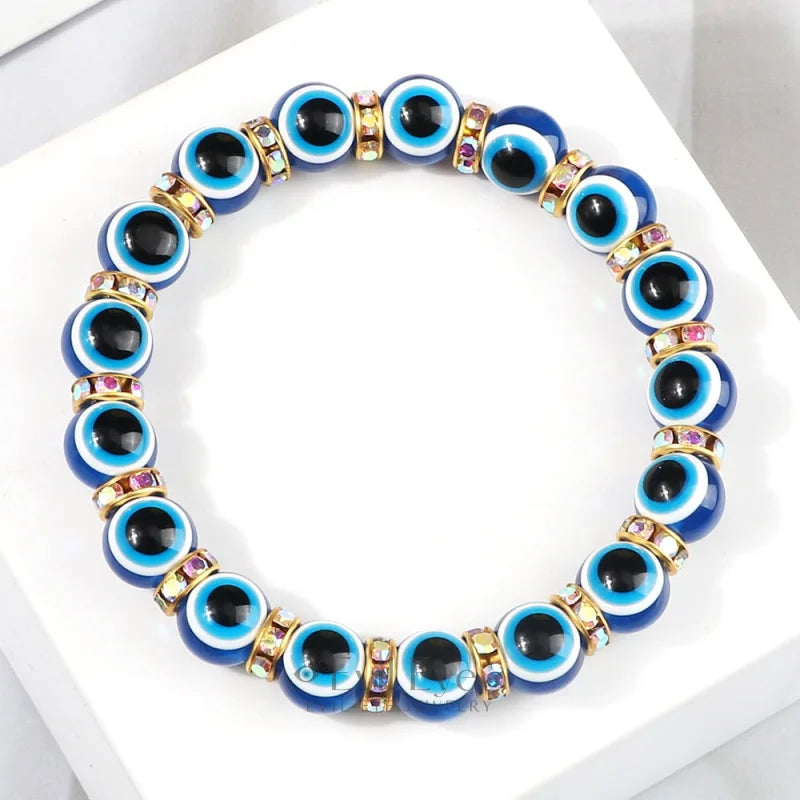 Blue Beaded Evil Eye Bracelet Gold & Rainbow