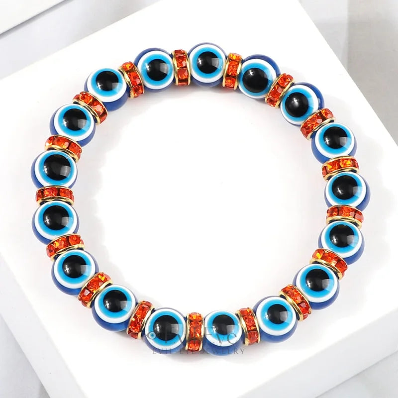 Blue Beaded Evil Eye Bracelet Golden & Orange