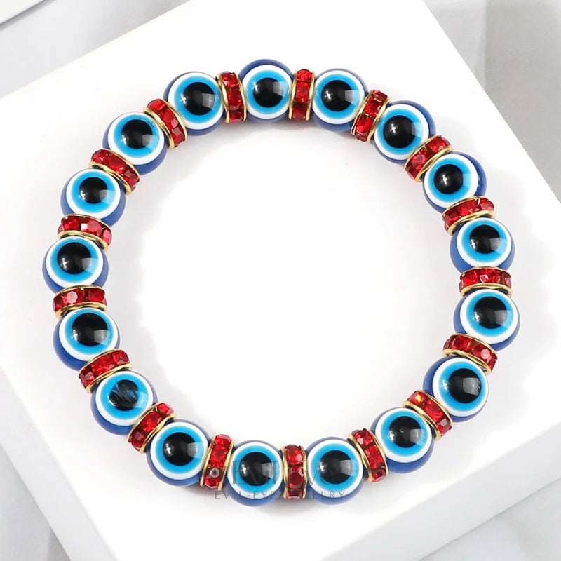 Blue Beaded Evil Eye Bracelet Golden & Red