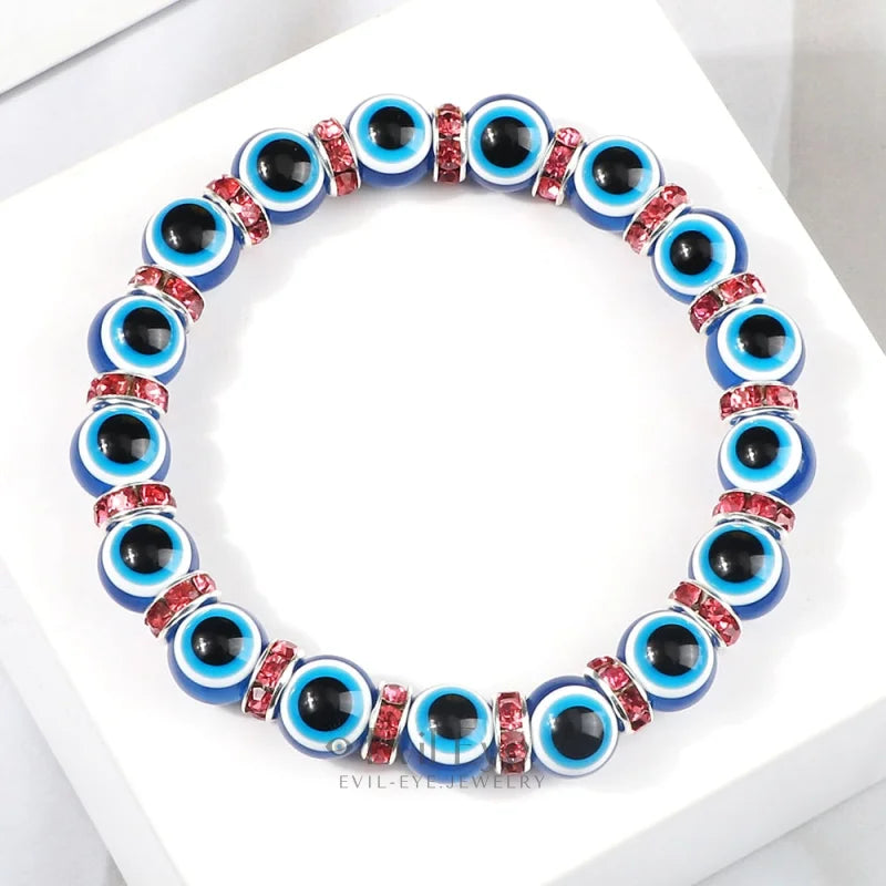 Blue Beaded Evil Eye Bracelet Silver & Oldrose