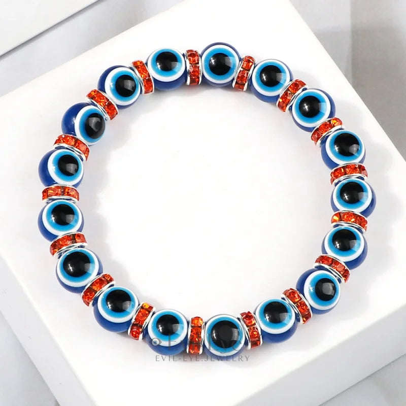 Blue Beaded Evil Eye Bracelet Silver & Orange