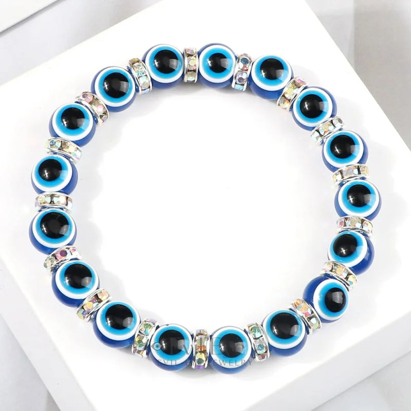Blue Beaded Evil Eye Bracelet Silver & Rainbow