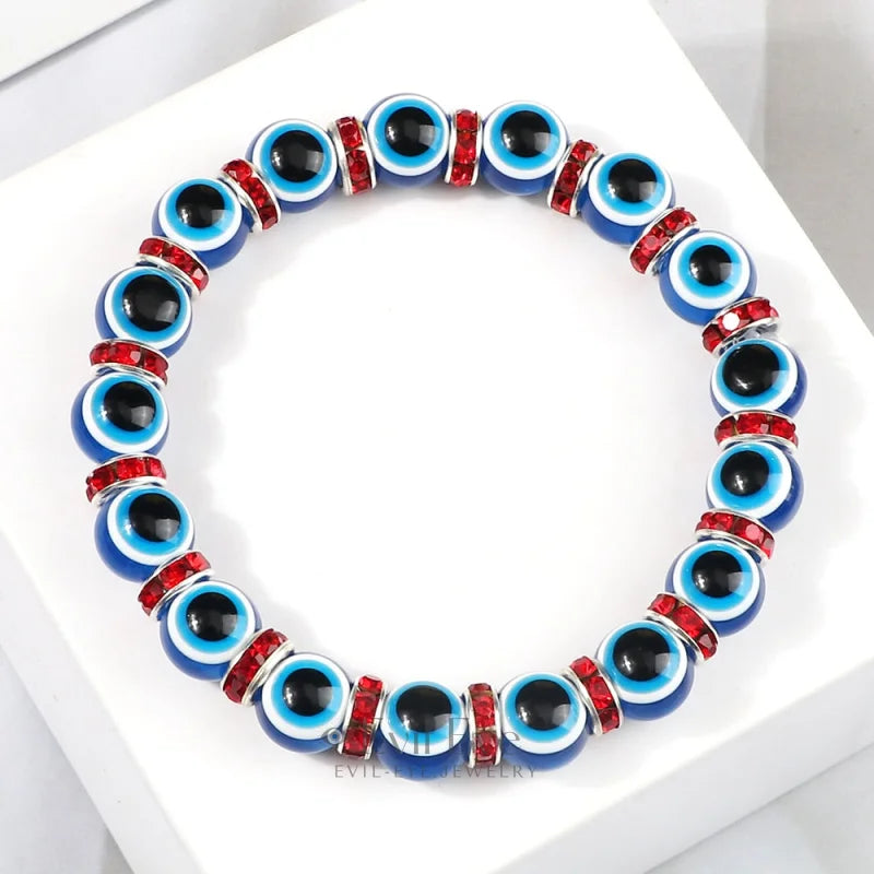 Blue Beaded Evil Eye Bracelet Silver & Red