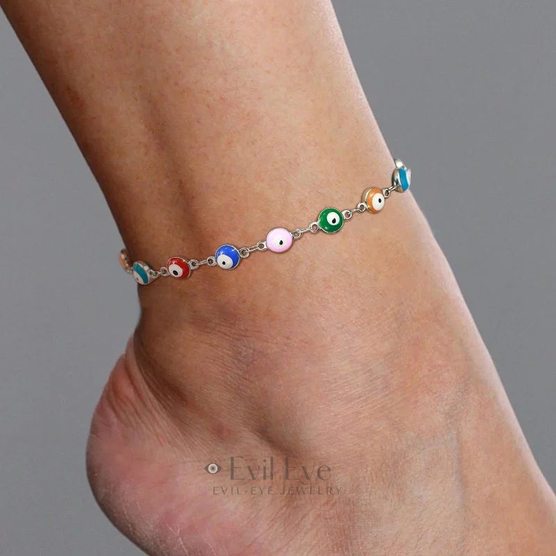 Adjustable Evil Eye Charm Anklet Silver-Colorful