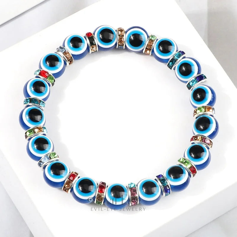 Blue Beaded Evil Eye Bracelet Silver & Blue