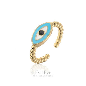 Copper Evil Eye Adjustable Ring Aqua