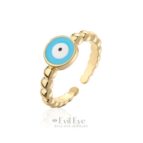 Copper Evil Eye Adjustable Ring Aqua Blue