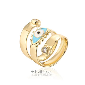 Copper Evil Eye Adjustable Ring Powder Blue