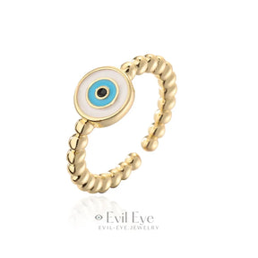 Copper Evil Eye Adjustable Ring White & Aqua