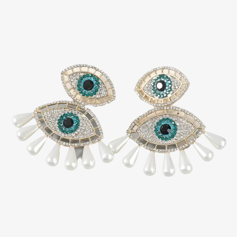 Evil Eye Metal Rhinestone Pearl Earrings