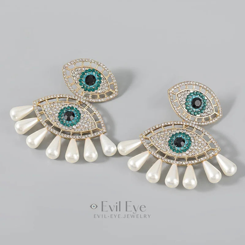 Evil Eye Metal Rhinestone Pearl Earrings