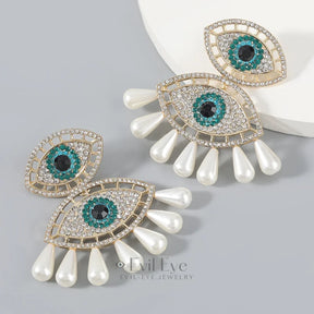 Evil Eye Metal Rhinestone Pearl Earrings