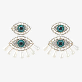 Evil Eye Metal Rhinestone Pearl Earrings