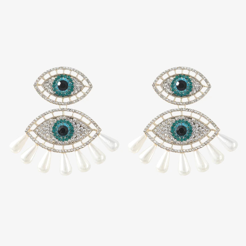 Evil Eye Metal Rhinestone Pearl Earrings