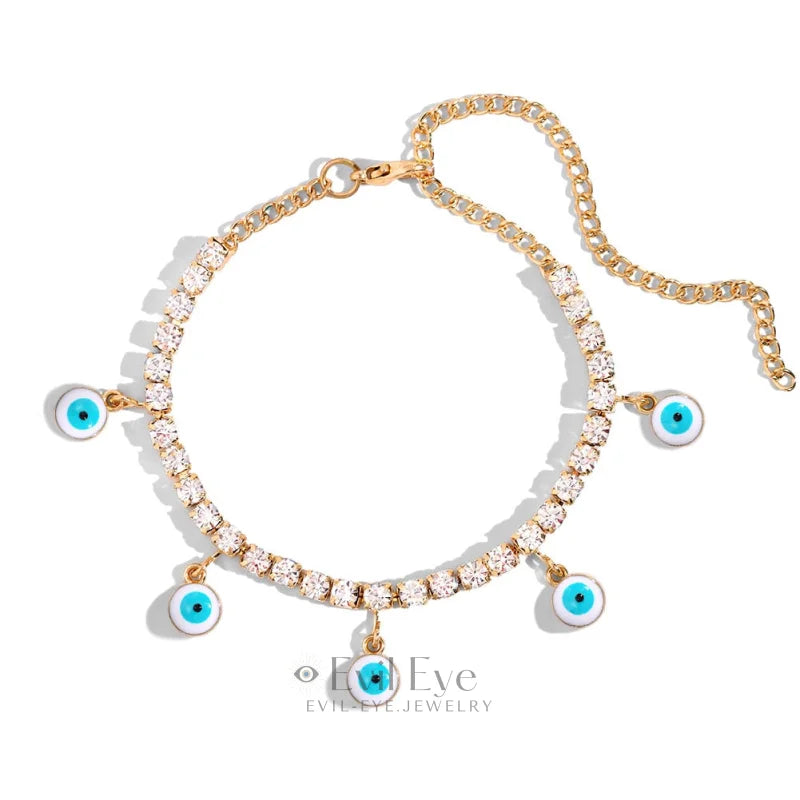 Evil Eye Pendant Tennis Chain Anklet Aqua