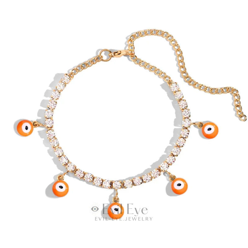 Evil Eye Pendant Tennis Chain Anklet Orange