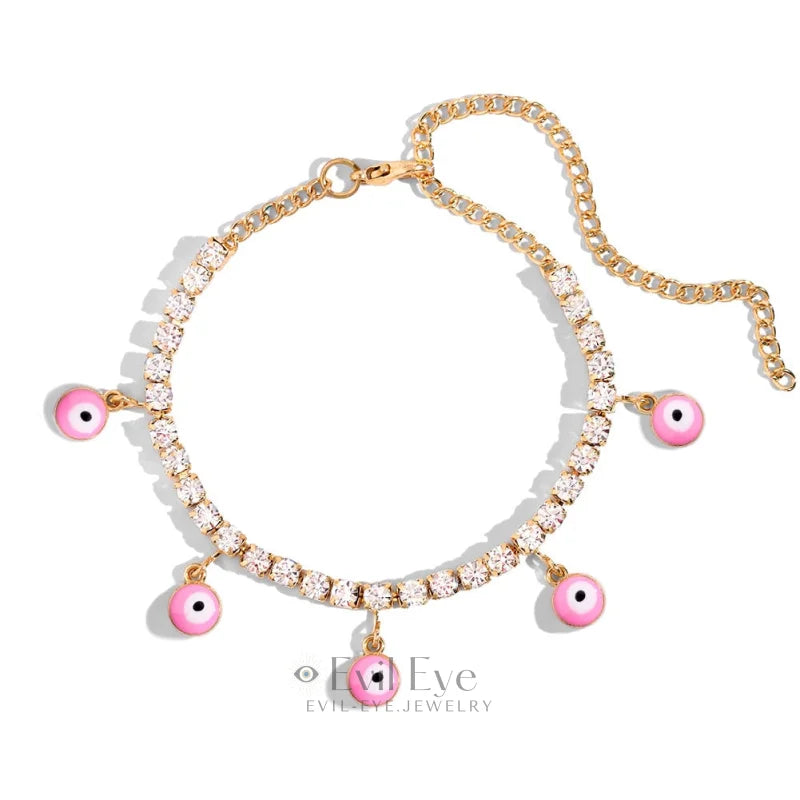 Evil Eye Pendant Tennis Chain Anklet Pink