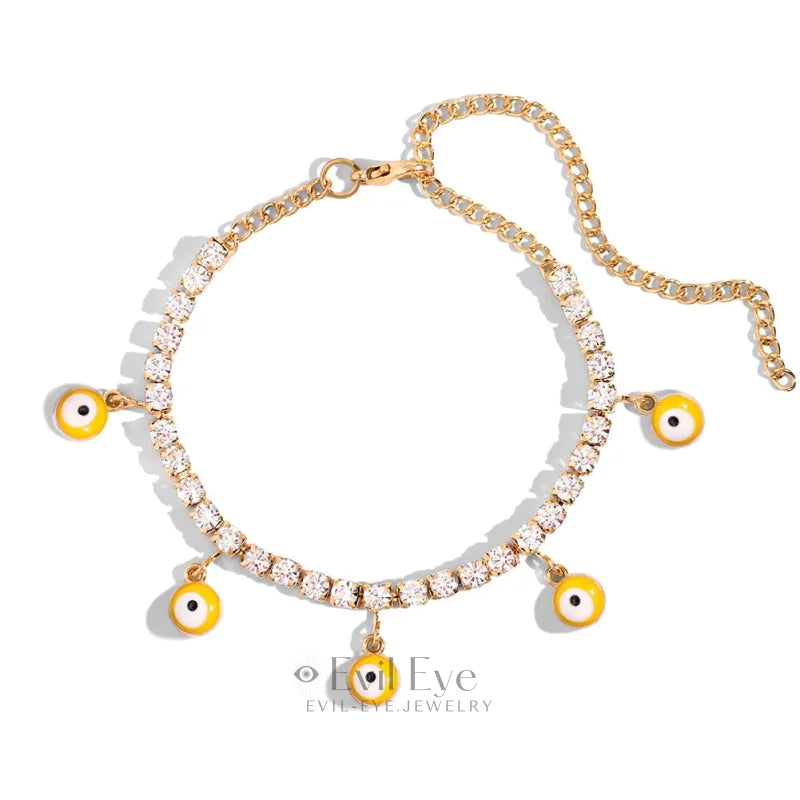 Evil Eye Pendant Tennis Chain Anklet Yellow