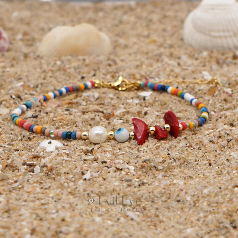 Evil Eye Stone Rainbow Beaded Anklet