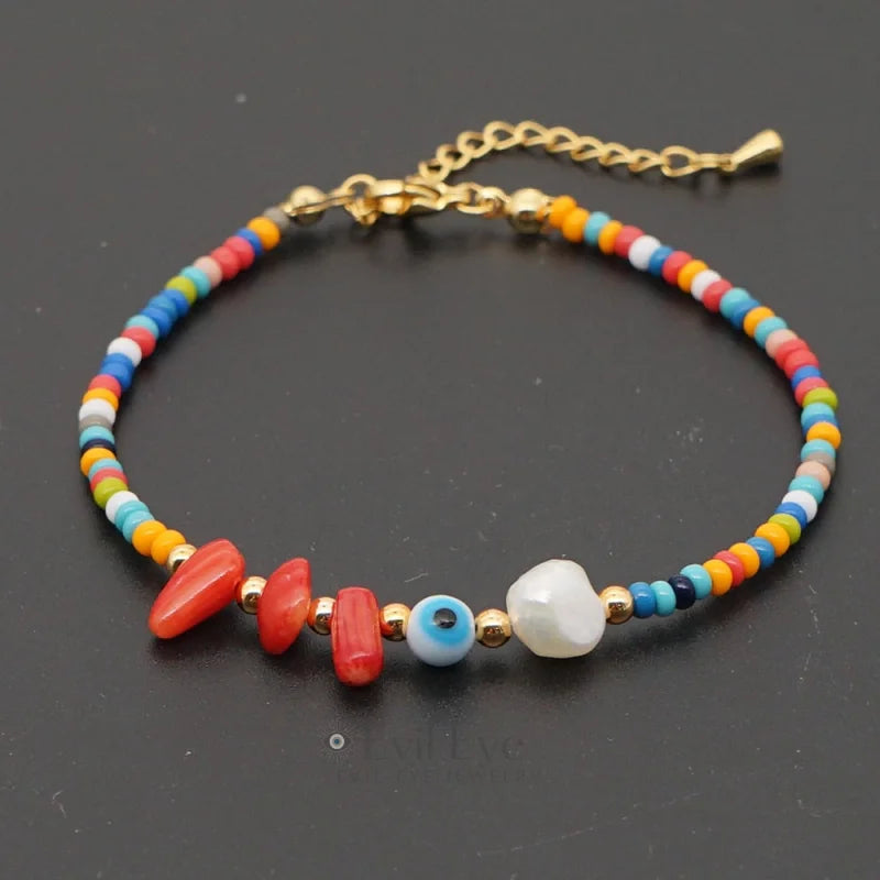 Evil Eye Stone Rainbow Beaded Anklet Dark Shades