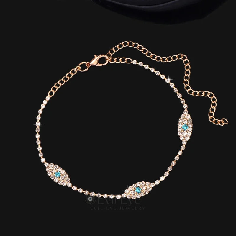 Evil Eye White Zircon Anklet Gold Aqua