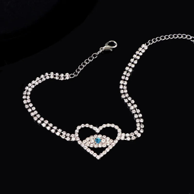 Evil Eye White Zircon Anklet Silver Heart