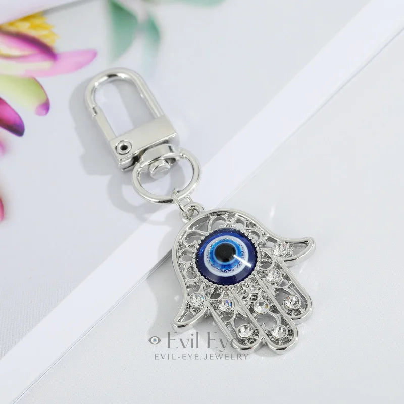 Hamsa Hand Evil Eye Pendant Keychain Silver