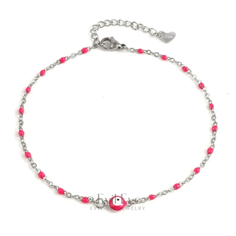 Multicolor Round Evil Eye Anklet Fuchsia